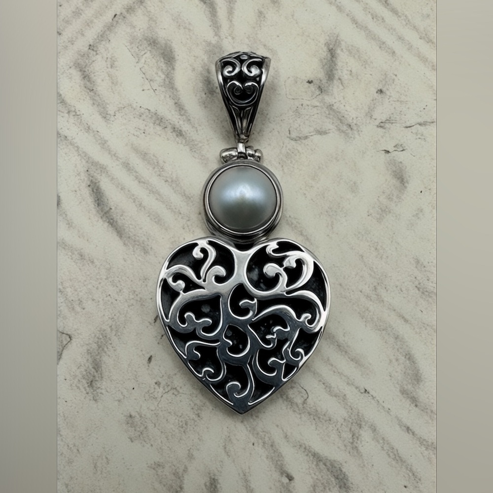 Sterling Silver 925 Wedding Heart Pendant Omega Pearl Byzantine Scroll Vtg 2.5"